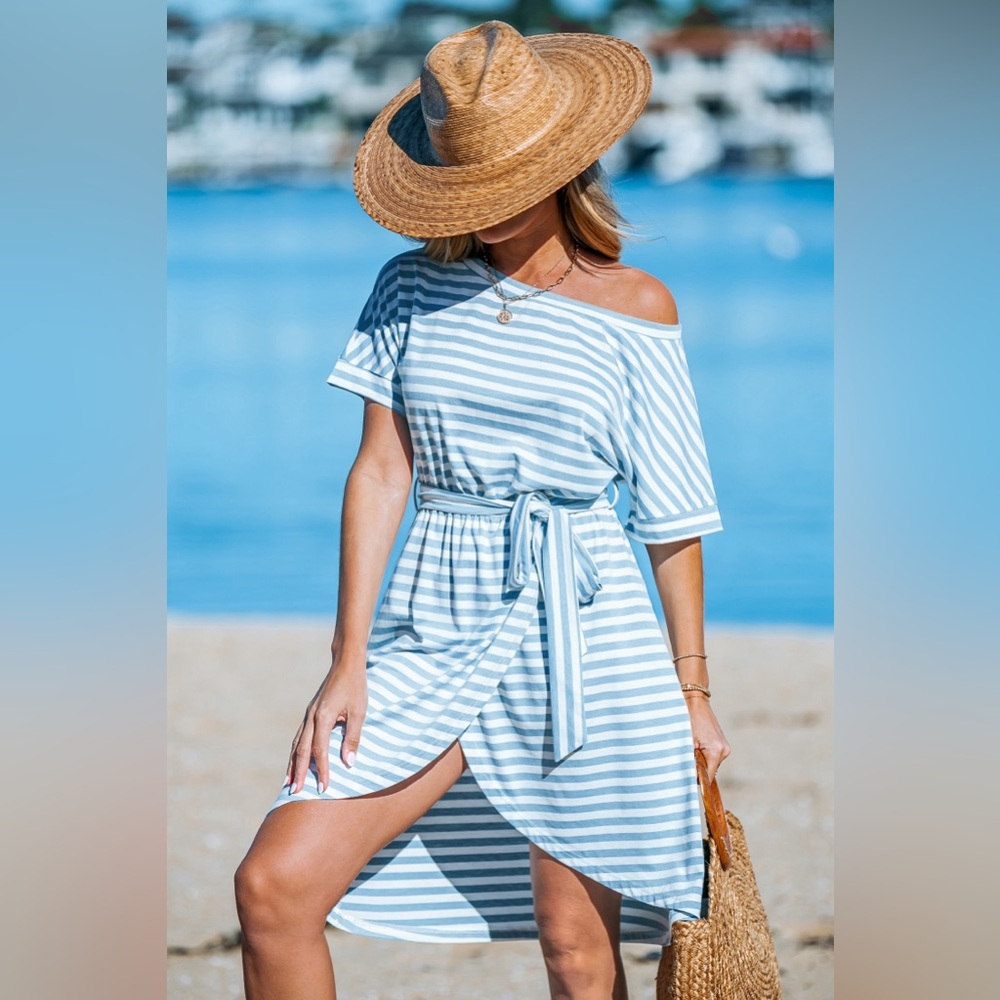Cupshe Sky Blue & White Stripe Boat Neck Dress 🛥️